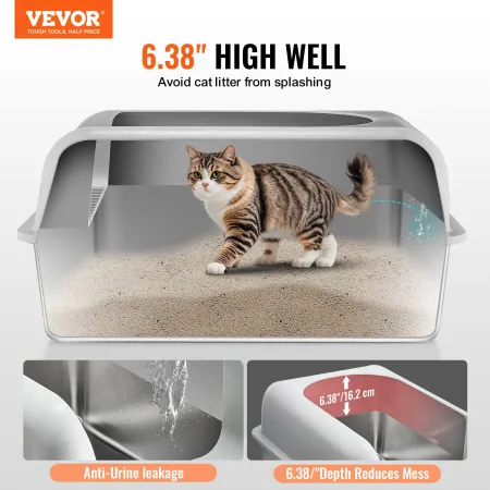 VEVOR Cat Litter Box, 6 inches Deep, XL Extra Large Stainless Steel Cat Litter Box with Scoop, Wide Filtering Foot Board & High 
