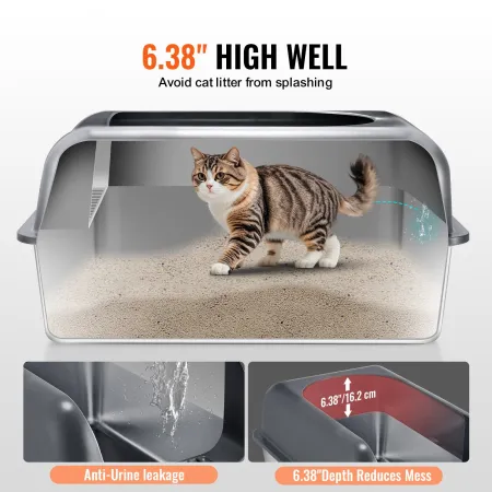 Cat Litter Box, 6 inches Deep, XL Extra Large Stainless Steel Cat Litter Box with Scoop, Wide Filtering Foot Board & High Sides,