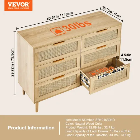 6 skuffer rattan kommode, Boho kommode, rattan kommode med