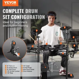 VEVOR Electric Drum Set, 32 Drum Kits & 480 Sounds Electronic Drum Kit, USB MIDI Supported 8 in Quiet Mesh Snare Electric Drum S