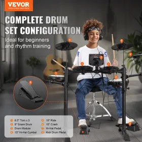 Electric Drum Set, 15 Drum Kits & 150 Sounds Electronic Drum Kit, USB MIDI Supported 8 in Quiet Mesh Snare Electric Drum Set wit