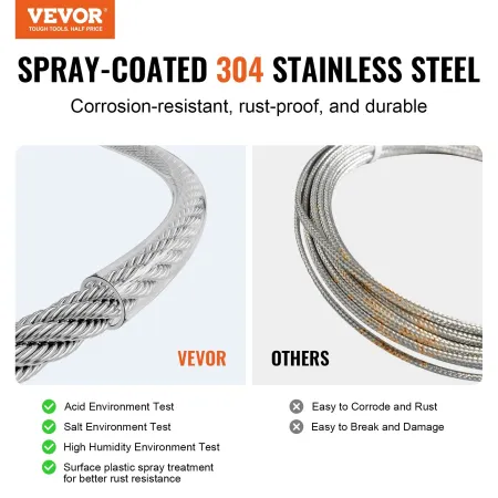VEVOR Wire Rope Kit, 1/8" 100 ft 304 rustfrit stålkabel med 59 tilbehør, 650 lbs brudstyrke, 7x7 tråde konstruktion