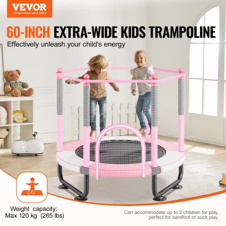 VEVOR 60" Kids Trampoline, 5FT Indoor Outdoor Trampoline, Mini Toddler Recreational Trampolinewith Safety Enclosure Net and Bask
