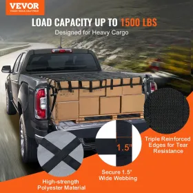 Cargo Net, 72 in x 57 in, Heavy Duty Truck Cargo Net for Truck Bed, 4 Adjustable Straps with Carabiners & S-Hooks, Wear-resistan