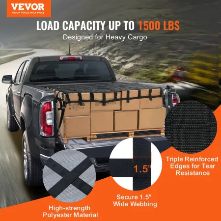 VEVOR Cargo Net, 72 in x 57 in, Heavy Duty Truck Cargo Net for Truck Bed, 4 Adjustable Straps with Carabiners & S-Hooks, Wear-re