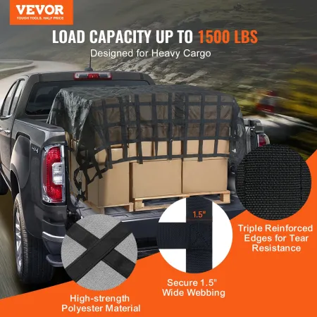 VEVOR Cargo Net, 120 in x 105 in, Heavy Duty Truck Cargo Net til lastbil seng, 4 justerbare stropper med karabinhager og