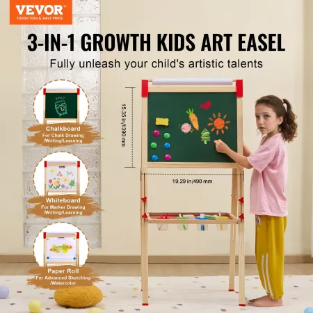 VEVOR Art Easel for Kids, 3-in-1 Wooden Double-Sided Kid's Art Easel with Magnetic Whiteboard, Chalkboard & Paper Roll, Adjustab