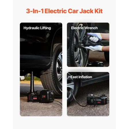 Electric Car Jack, 5 Tons /11000 lbs, Hydraulic Jack Lift with Built-In Inflator, 12V Tire Change Replacement with Electric Impa