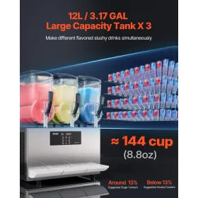 VEVOR Commercial Slushy Machine, 12Lx3 Triple Tank Frosne Drink Machine, 144 kopper rustfrit stål Margarita Smoothie Frozen Drin