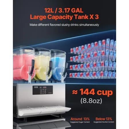 VEVOR Commercial Slushy Machine, 12Lx3 Triple Tank Frosne Drink Machine, 144 kopper rustfrit stål Margarita Smoothie Frozen Drin