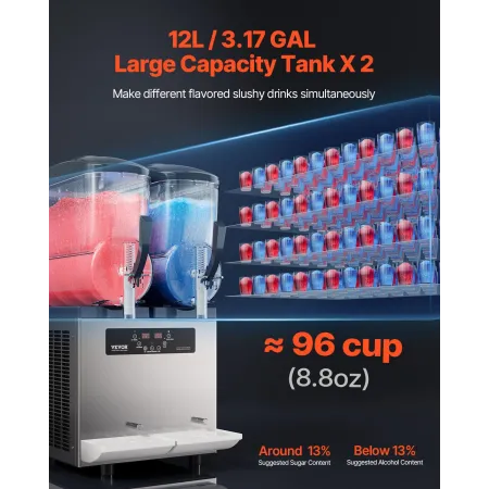Commercial Slushy Machine, 12Lx2 Double Tank Frozen Drink Machine, 96 Cups Stainless Steel Margarita Smoothie Frozen Drink Maker