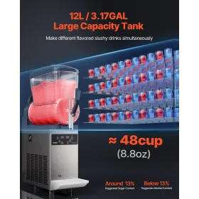VEVOR Commercial Slushy Machine, 12L Single Tank Frozen Drink Machine, 48 Cups Stainless Steel Margarita Smoothie Frozen Drink M