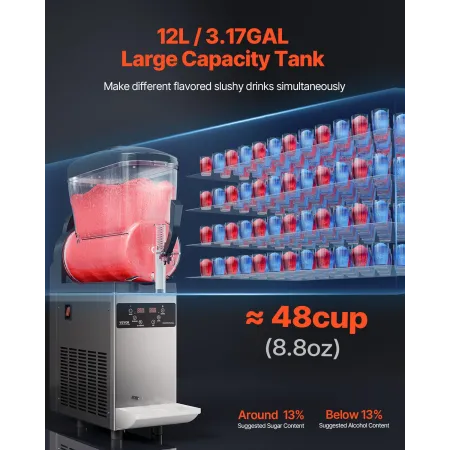 Commercial Slushy Machine, 12L Single Tank Frozen Drink Machine, 48 Cups Stainless Steel Margarita Smoothie Frozen Drink Maker, 