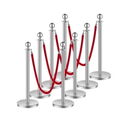8 Pcs Silver Stanchion Post 4 Red Velvet Ropes Sand Injection Hollow Base