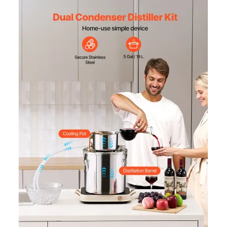 VEVOR Alcohol Still, 5 Gal / 19 L Stainless Steel Water Alcohol Distiller with Copper Coil, Home Brewing Refining Fermentation K