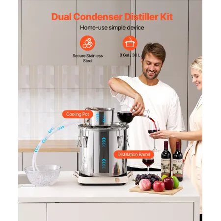 VEVOR Alcohol Still, 8 Gal / 30 L rustfrit stål Vand Alkoholdestiller med kobberspiral, Hjemmebrygning Raffinering Fermentering