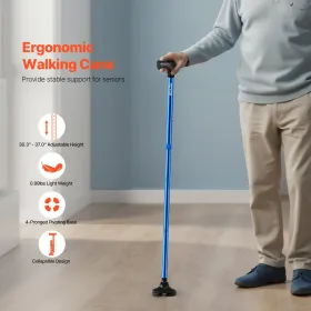 Walking Cane for Man Woman, Folding Walking Stick with 8-Level Adjustable Height and 4-Pronged Pivoting Base, Lightweight & Port