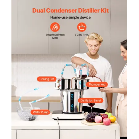 VEVOR Alcohol Still, 3 Gal / 11,4 L Vandalkoholdestiller af rustfrit stål med kobberspiral til hurtig afkøling, dobbelt
