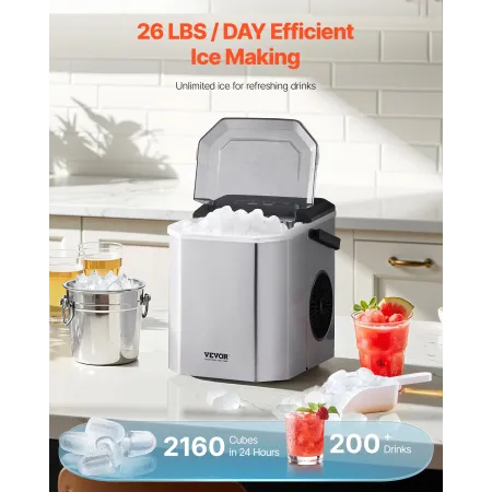 VEVOR Countertop Ice Maker, 9 Cubes Ready in 6 Mins, 26lbs in 24Hrs, Self-Cleaning Portable Ice Maker with Ice Scoop and Basket,