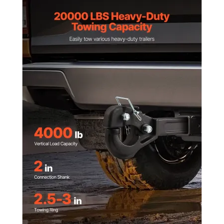 VEVOR Pintle Hook, 20000 lbs Towing Capacity, Pintle Hitch Receiver for 2-inch Hitch Hook Military Receiver, Fits 2.5 to 3-inch 