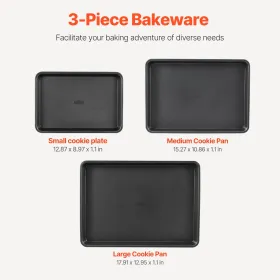 VEVOR Baking Pans Set, 3-Piece, Nonstick Carbon Steel Cookware Sheets & Trays, Stackable Kitchen Oven Bakeware Cooking Sets with