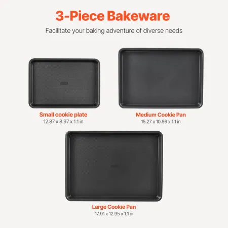 VEVOR Baking Pans Set, 3-Piece, Nonstick Carbon Steel Cookware Sheets & Trays, Stackable Kitchen Oven Bakeware Cooking Sets with