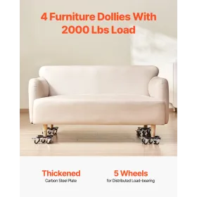 VEVOR Furniture Dolly, Maximum Load 1200 lbs, Heavy Duty Furniture Movers with 5 360° Rotation Wheels, Carbon Steel Panel, Furni