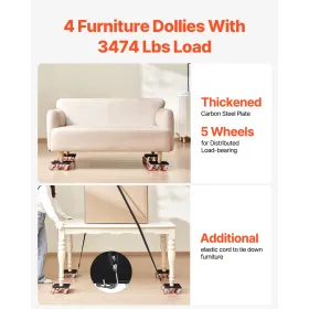 VEVOR Furniture Dolly, Maximum Load 3474 lbs, Heavy Duty Furniture Movers with 5 360° Rotation Wheels, Carbon Steel Panel, Furni