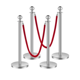 4 Pcs Silver Stanchion Post 2 Red Velvet Ropes Sand Injection Hollow Base