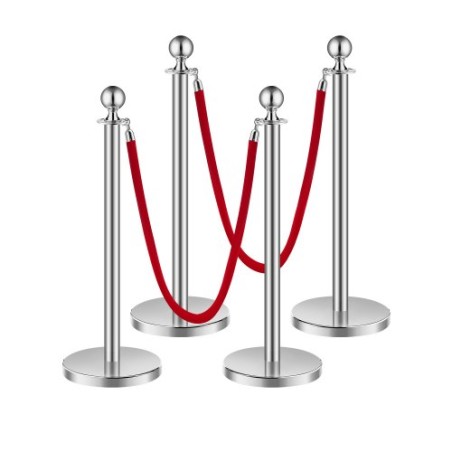 4 Pcs Silver Stanchion Post 2 Red Velvet Ropes Sand Injection Hollow Base