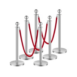 6 Pcs Silver Stanchion Post 3 Red Velvet Ropes Sand Injection Hollow Base