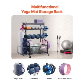 Yoga Mat Storage Rack, Powder Coated Finish Steel Yoga Mat Holder, Home Gym Workout Equipment Organizer with Hooks & Wheels, Wei