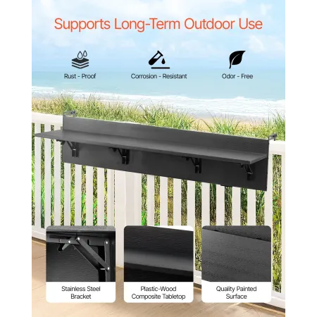 VEVOR Balcony Hanging Table, 12 x 59 in Folding Balcony Railing Table, Outdoor Balcony Bar Table for Railings, 50 lbs Loading, F
