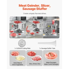 Meat Grinder, 11 Lbs/Min Electric Meat Grinder, Slicer, Sausage Stuffer with Blade, Grinding Plate, Sausage Maker, Stainless Ste