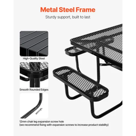 VEVOR Picnic Table, Outdoor Weather Resistant Patio Dining Furniture Set, Heavy Duty Coated Steel Tables with Umbrella Hole, 45.