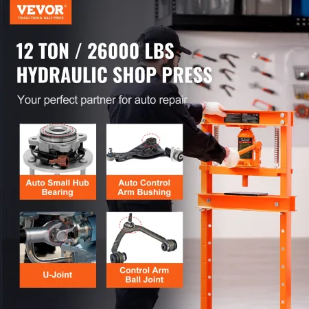 Hydraulic, 12 Ton H-Frame Floor, Stamping Plates, Adjustable Working Table Height for Bending or Straightening Metal, Garages, o