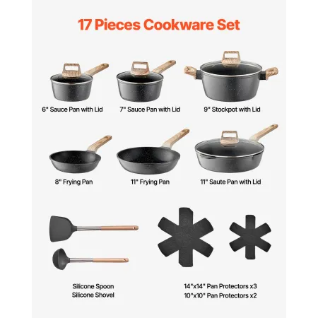 VEVOR 17 Piece Pots and Pans Set Nonstick, Granite Cookware Set, Induction Cookwares, Kitchen RV Cooking Sets with Frying, Sauce