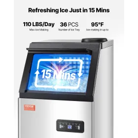 110lbs/24H Commercial Ice Maker, 36 Ice Cubes in 15 Minutes, Freestanding Ice Maker Machine with 28lbs Large Storage Capacity fo
