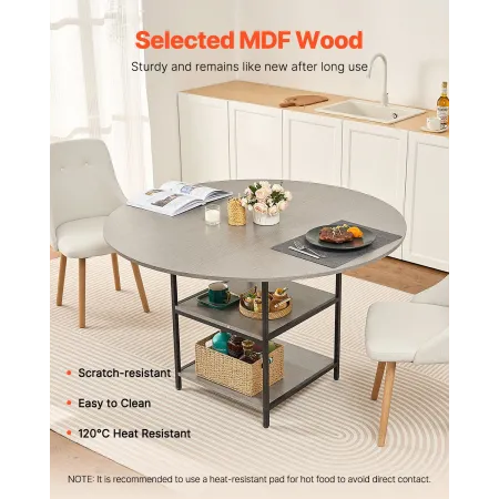 Round Dining Table, 47 inch Wood Table for 4-6 Person, Modern Circle Dinner Furniture, Leisure Tables with Storage Shelf and Met