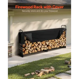 2.4m Outdoor Firewood Rack with Cover, 244 cm x 36 cm x 117 cm, Heavy Duty Firewood Holder & 600D Oxford Waterproof Cover for Fi