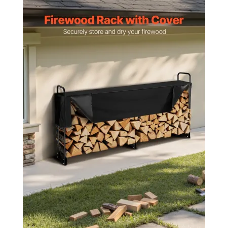 2.4m Outdoor Firewood Rack with Cover, 244 cm x 36 cm x 117 cm, Heavy Duty Firewood Holder & 600D Oxford Waterproof Cover for Fi