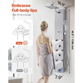 Shower Panel Tower System with Rainfall Shower Head, LED, 49 in Brushed Stainless Steel Shower Column, 4-Function Faucet, Wall-M