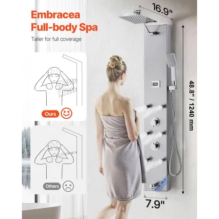 Shower Panel Tower System with Rainfall Shower Head, LED, 49 in Brushed Stainless Steel Shower Column, 4-Function Faucet, Wall-M