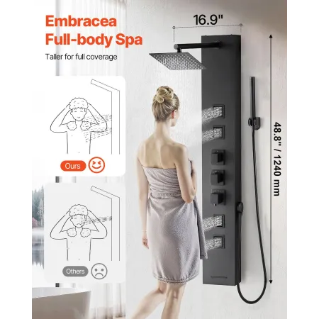 VEVOR Shower Panel Tower System with Rainfall Shower Head, 49 in Brushed Stainless Steel Shower Column, 4-Function Faucet, Wall-