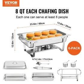 Chafing Dish Buffet Set, 8 Qt 6 Pack, rustfri chafer med 6 pander i fuld størrelse, rektangel catering varmere server med låg