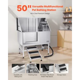 VEVOR Stainless Steel Dog Washing Station, 127 cm Pet Grooming Tub w/ Stairs, PE Water Filter Board, Faucet & Showerhead & Soap 