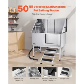 Stainless Steel Dog Washing Station, 127 cm Pet Grooming Tub w/ Stairs, PE Water Filter Board, Faucet & Showerhead & Soap Holder