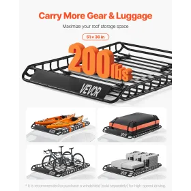 VEVOR Roof Rack Basket, 51 x 36 x 4.1 in, Universal Rooftop Cargo Carrier with 1120 x 870 x 260 mm Cargo Bag, Net, Ratchet Strap