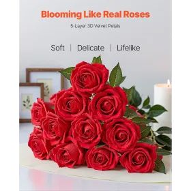VEVOR Artificial Flowers, 500 pcs Real Looking Red Foam Fake Roses Bulk, Faux Red Bridal Shower with Stems for DIY Wedding Bouqu