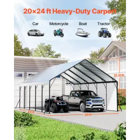 VEVOR Heavy Duty metal carport, 5,8 x 7,45 x 3,77 m udendørs carport med robust ramme og tag, bilgarage skærm med aftagelig Si